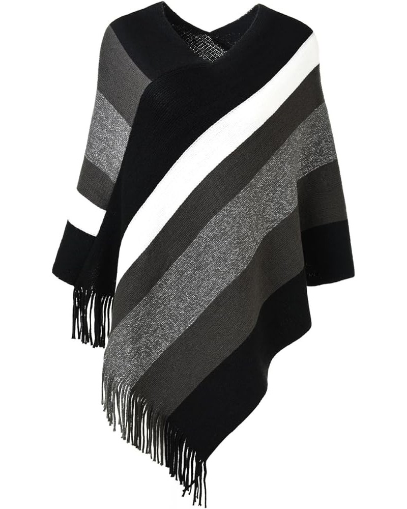 Women's Casual Striped Poncho Sweater Versatile Fringe Shawl Wrap Black & Grey $14.08 Sweaters