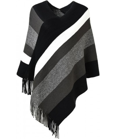 Women's Casual Striped Poncho Sweater Versatile Fringe Shawl Wrap Black & Grey $14.08 Sweaters