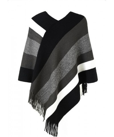 Women's Casual Striped Poncho Sweater Versatile Fringe Shawl Wrap Black & Grey $14.08 Sweaters