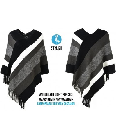 Women's Casual Striped Poncho Sweater Versatile Fringe Shawl Wrap Black & Grey $14.08 Sweaters