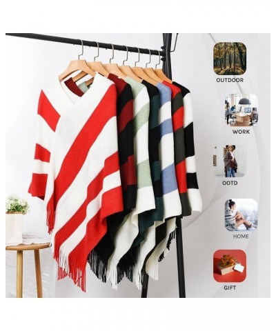 Women's Casual Striped Poncho Sweater Versatile Fringe Shawl Wrap Black & Grey $14.08 Sweaters