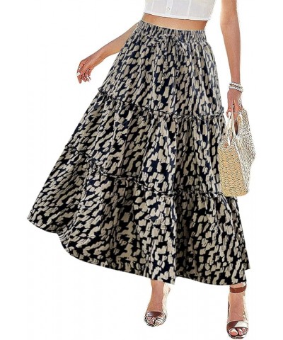 Women's Elastic High Waist A Line Layer Ruffle Swing Casual Long Maxi Skirt Leopard Beige $15.29 Skirts