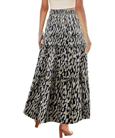 Women's Elastic High Waist A Line Layer Ruffle Swing Casual Long Maxi Skirt Leopard Beige $15.29 Skirts