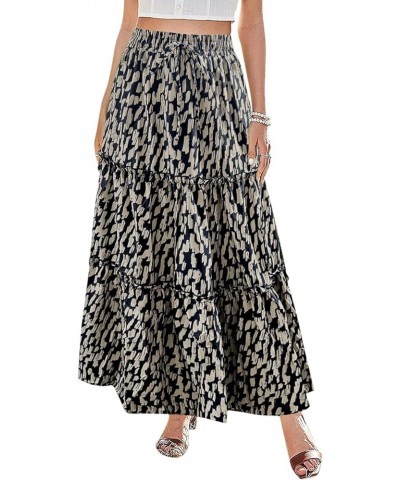 Women's Elastic High Waist A Line Layer Ruffle Swing Casual Long Maxi Skirt Leopard Beige $15.29 Skirts