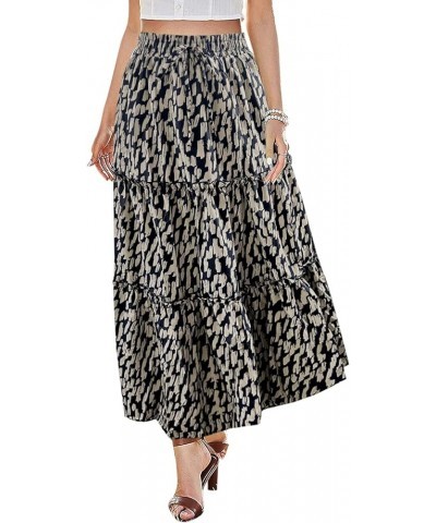 Women's Elastic High Waist A Line Layer Ruffle Swing Casual Long Maxi Skirt Leopard Beige $15.29 Skirts