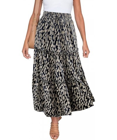 Women's Elastic High Waist A Line Layer Ruffle Swing Casual Long Maxi Skirt Leopard Beige $15.29 Skirts