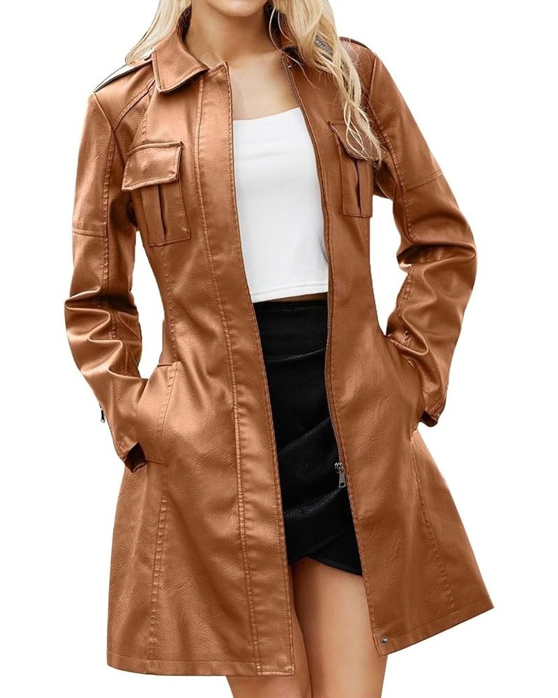 Women's Mid-Length Leather Jacket With Belt Fashion Spring And Autumn Long Sleeve Trench Coat Fashion British Jacket 01brown ...