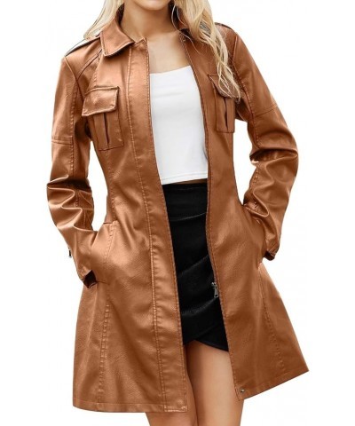 Women's Mid-Length Leather Jacket With Belt Fashion Spring And Autumn Long Sleeve Trench Coat Fashion British Jacket 01brown ...