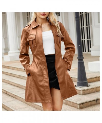 Women's Mid-Length Leather Jacket With Belt Fashion Spring And Autumn Long Sleeve Trench Coat Fashion British Jacket 01brown ...