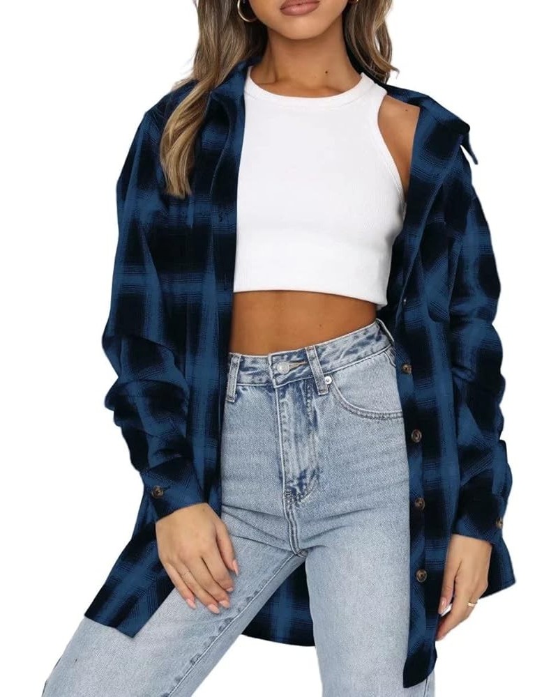 Womens Flannel Buffalo Print Shirts Casual Long Sleeve Button Down Blouses Loose Tunic Tops Blue $13.50 Blouses