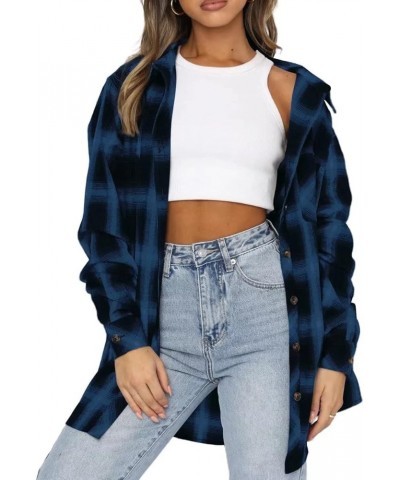 Womens Flannel Buffalo Print Shirts Casual Long Sleeve Button Down Blouses Loose Tunic Tops Blue $13.50 Blouses