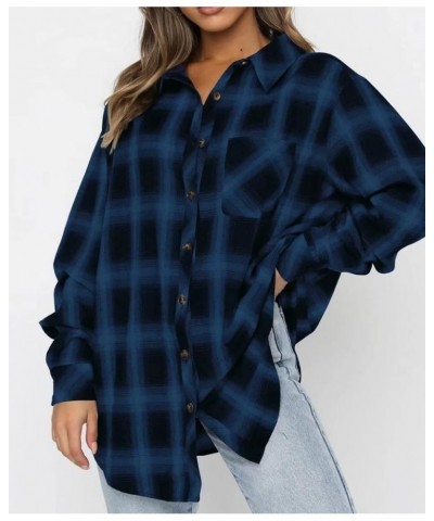 Womens Flannel Buffalo Print Shirts Casual Long Sleeve Button Down Blouses Loose Tunic Tops Blue $13.50 Blouses