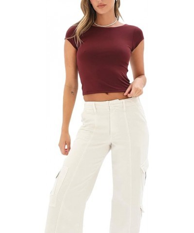 Women Y2K Short Sleeve T-Shirt Basic Scoop Neck Slim Fitted Solid Color Slim Fit Summer Ribbed Crop Top Baby Tees H-red $6.95...