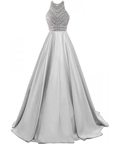 Women's Sparkle Prom Dresses Beading Satin Long Ball Gown Sequins A Line Formal Evening Party Dress with Pocket Silver $49.00...