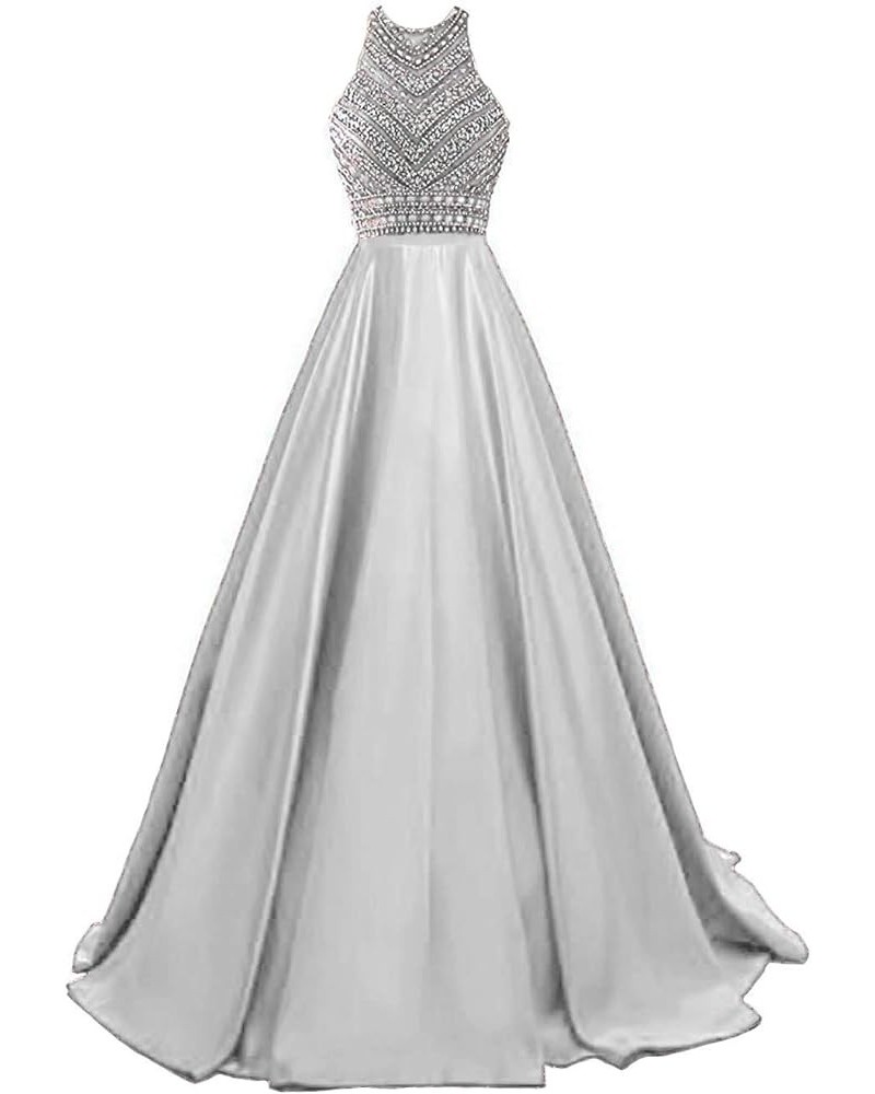 Women's Sparkle Prom Dresses Beading Satin Long Ball Gown Sequins A Line Formal Evening Party Dress with Pocket Silver $49.00...