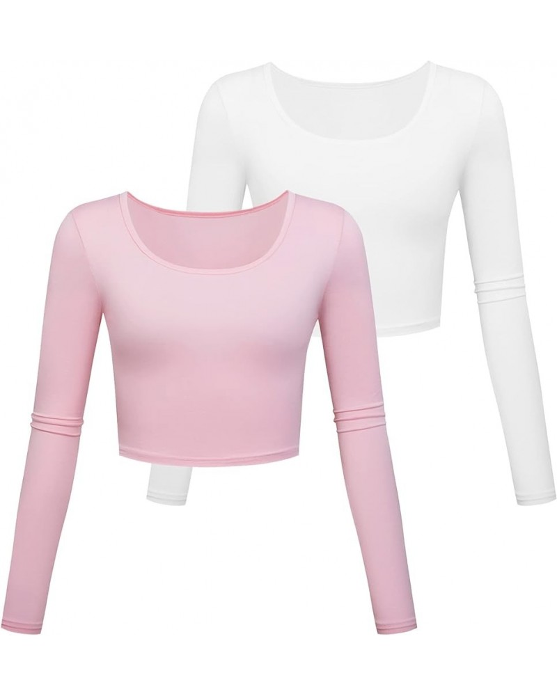 Lightweight Basic Crop Tops Slim Fit Long Sleeve Workout Shirts for Women 1-white+pink 2pack $8.99 Activewear