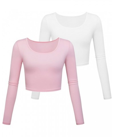 Lightweight Basic Crop Tops Slim Fit Long Sleeve Workout Shirts for Women 1-white+pink 2pack $8.99 Activewear