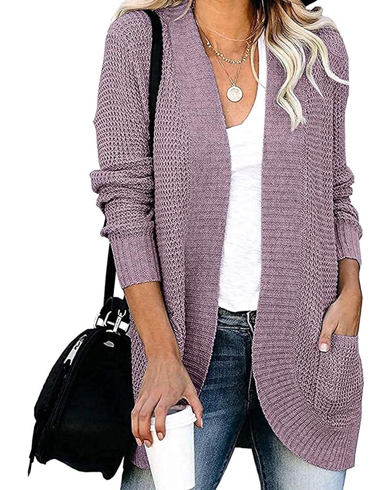 Womens Open Front Cardigans Long Sleeve Chunky Knitted Cardigan Sweater Coats with Pockets Taro Purple $9.43 Sweaters