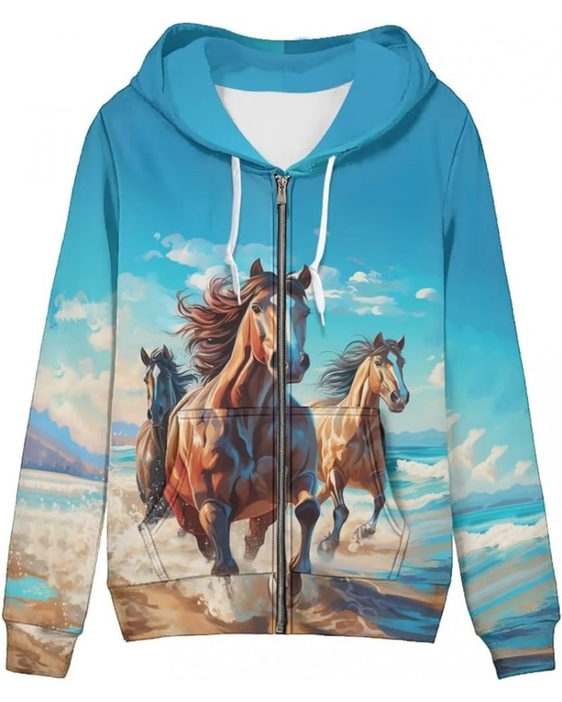 Zip Up Hoodie Women Long Sleeve Shirt Thin Fall Hooded Jackets Coat Zipper Sweatshirts Horse 2 $20.51 Hoodies & Sweatshirts