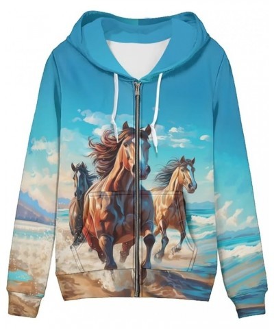 Zip Up Hoodie Women Long Sleeve Shirt Thin Fall Hooded Jackets Coat Zipper Sweatshirts Horse 2 $20.51 Hoodies & Sweatshirts