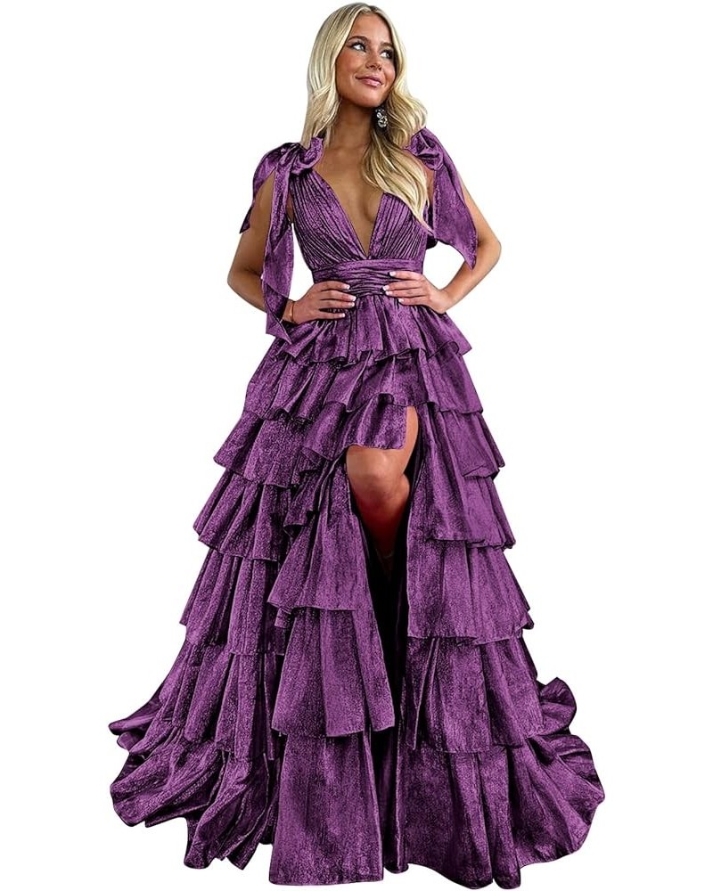 Tiered Tulle Prom Dresses 2024 for Women Ball Gowns V Neck Ruched Formal Evening Gown Plum $45.89 Dresses