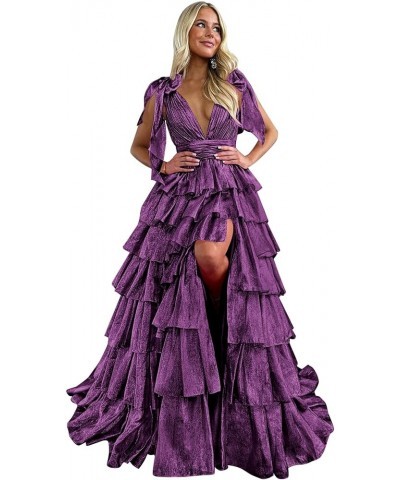 Tiered Tulle Prom Dresses 2024 for Women Ball Gowns V Neck Ruched Formal Evening Gown Plum $45.89 Dresses