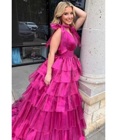 Tiered Tulle Prom Dresses 2024 for Women Ball Gowns V Neck Ruched Formal Evening Gown Plum $45.89 Dresses