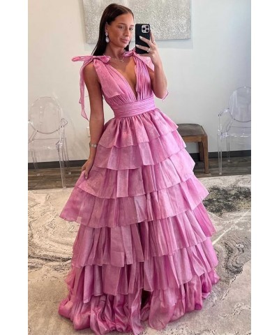 Tiered Tulle Prom Dresses 2024 for Women Ball Gowns V Neck Ruched Formal Evening Gown Plum $45.89 Dresses