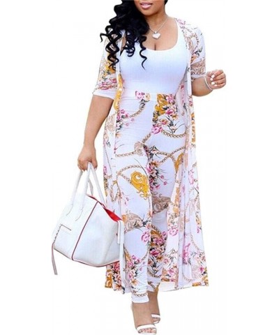 Womens Two Piece Outfits Floral Printed Cardigan Trench Coat & Skinny Long Pants Casual Sweatsuit 2-white $16.92 Activewear