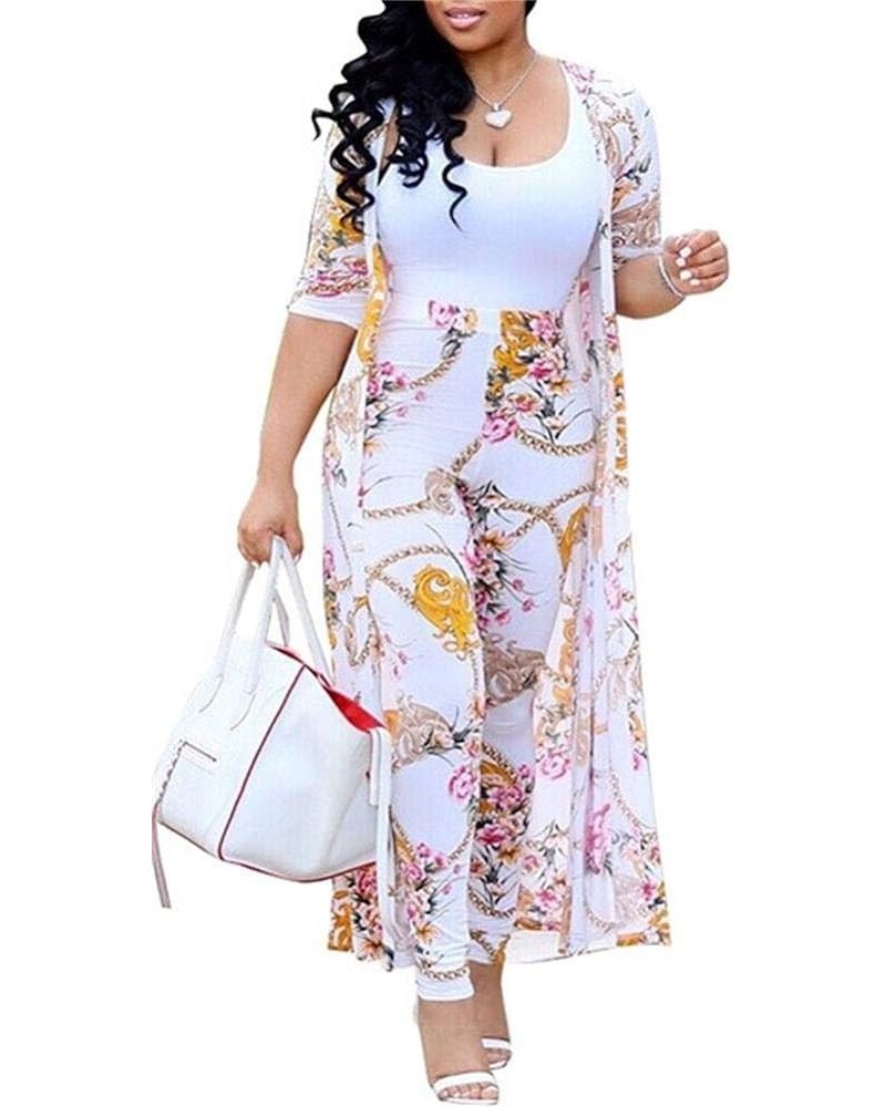 Womens Two Piece Outfits Floral Printed Cardigan Trench Coat & Skinny Long Pants Casual Sweatsuit 2-white $16.92 Activewear