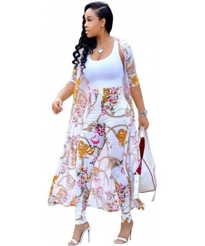 Womens Two Piece Outfits Floral Printed Cardigan Trench Coat & Skinny Long Pants Casual Sweatsuit 2-white $16.92 Activewear