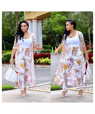 Womens Two Piece Outfits Floral Printed Cardigan Trench Coat & Skinny Long Pants Casual Sweatsuit 2-white $16.92 Activewear