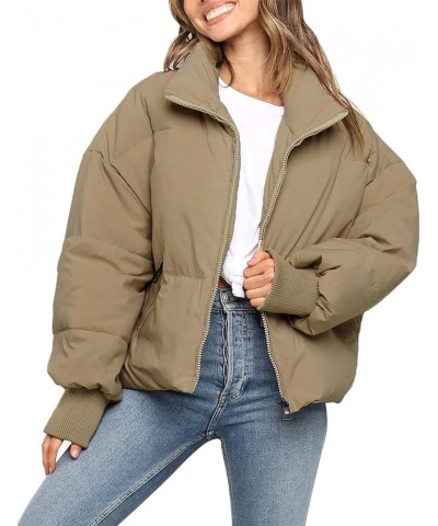 Women's Winter Long Sleeve Full Zipper Oversized Baggy Puffer Short Down Jacket Coat Khaki $33.14 Jackets