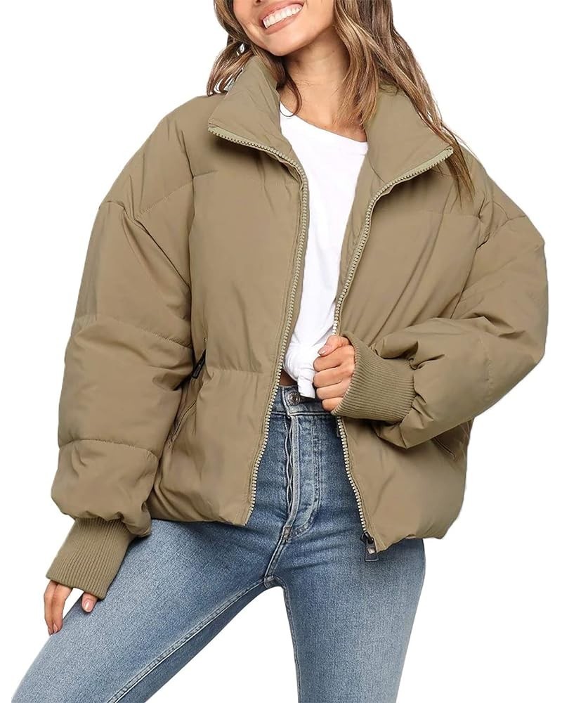 Women's Winter Long Sleeve Full Zipper Oversized Baggy Puffer Short Down Jacket Coat Khaki $33.14 Jackets