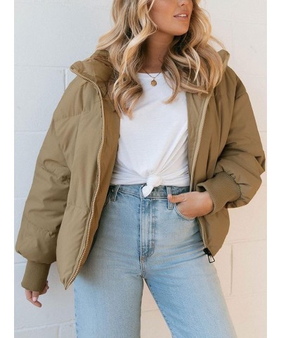 Women's Winter Long Sleeve Full Zipper Oversized Baggy Puffer Short Down Jacket Coat Khaki $33.14 Jackets