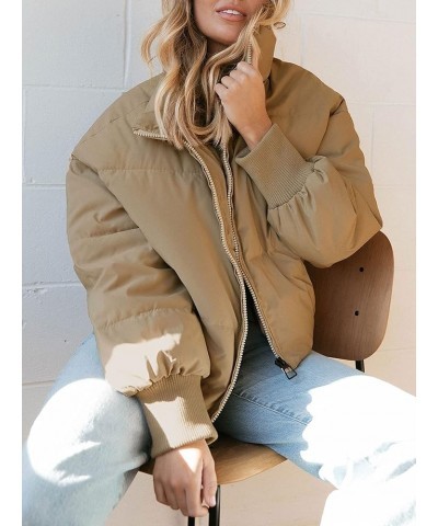 Women's Winter Long Sleeve Full Zipper Oversized Baggy Puffer Short Down Jacket Coat Khaki $33.14 Jackets