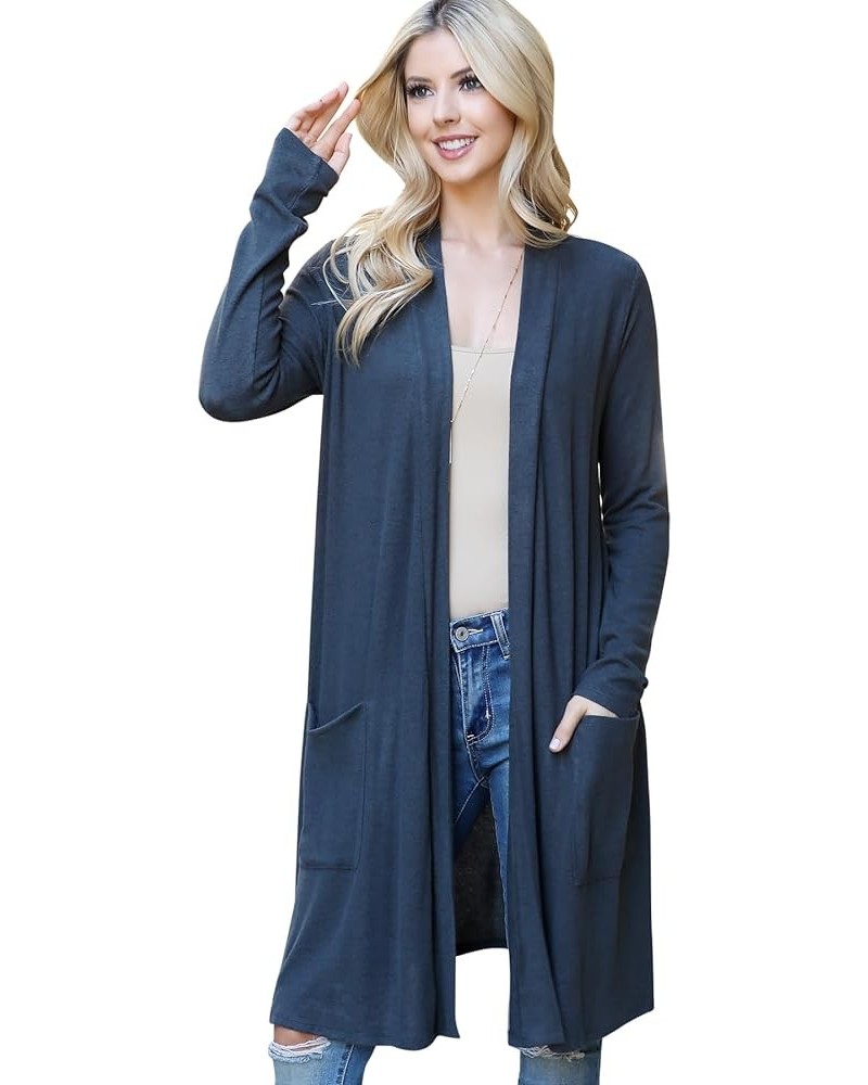 Classic Long Sleeve Open Cardigan - Relaxed Lightweight Pocket Shawl Cardi Outerwear Solid Open Front Pocket Cardi - Solid Ch...