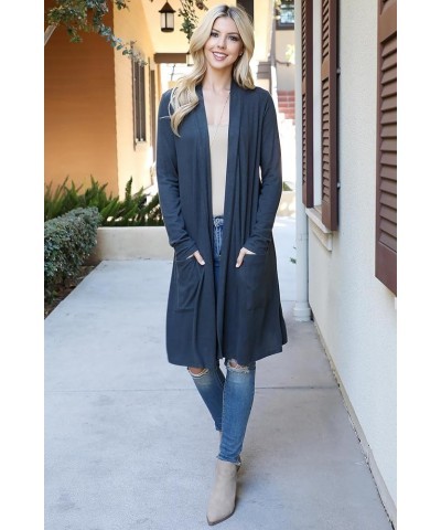 Classic Long Sleeve Open Cardigan - Relaxed Lightweight Pocket Shawl Cardi Outerwear Solid Open Front Pocket Cardi - Solid Ch...