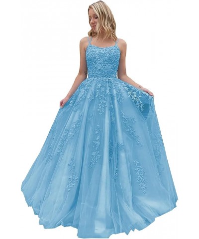 Lace Tulle Prom Dresses Long for Women Spaghetti Straps Ball Gowns A-Line Formal Party Evening Gowns with Train Sky Blue $48....