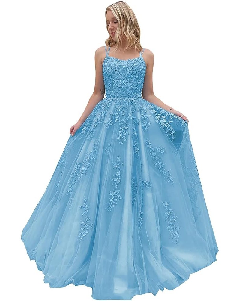 Lace Tulle Prom Dresses Long for Women Spaghetti Straps Ball Gowns A-Line Formal Party Evening Gowns with Train Sky Blue $48....