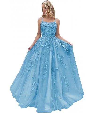 Lace Tulle Prom Dresses Long for Women Spaghetti Straps Ball Gowns A-Line Formal Party Evening Gowns with Train Sky Blue $48....