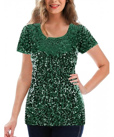 Women's Full Sequin Tops Glitter Party Shirt Short Sleeve Sparkle Blouses S-4X Dark Green $20.64 Blouses