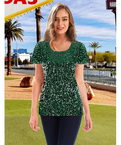 Women's Full Sequin Tops Glitter Party Shirt Short Sleeve Sparkle Blouses S-4X Dark Green $20.64 Blouses