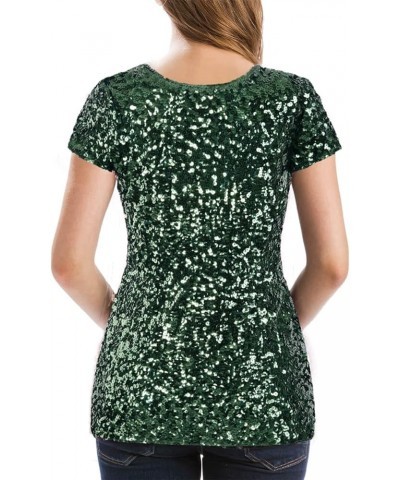 Women's Full Sequin Tops Glitter Party Shirt Short Sleeve Sparkle Blouses S-4X Dark Green $20.64 Blouses