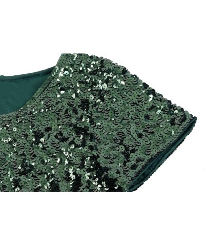 Women's Full Sequin Tops Glitter Party Shirt Short Sleeve Sparkle Blouses S-4X Dark Green $20.64 Blouses