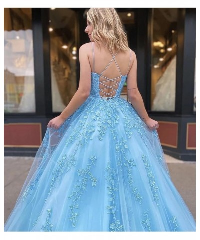 Lace Tulle Prom Dresses Long for Women Spaghetti Straps Ball Gowns A-Line Formal Party Evening Gowns with Train Sky Blue $48....