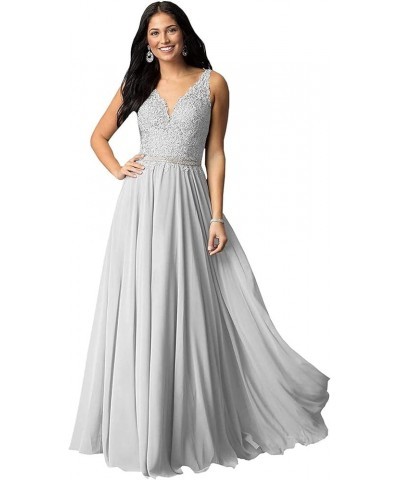 Women's V Neck Long Prom Dresses with Pockets Lace Beaded Chiffon Formal Evening Gown Silver $36.75 Dresses