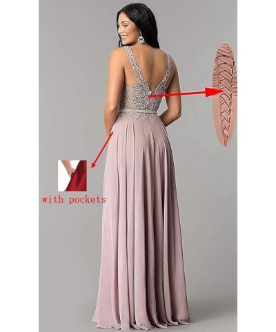 Women's V Neck Long Prom Dresses with Pockets Lace Beaded Chiffon Formal Evening Gown Silver $36.75 Dresses