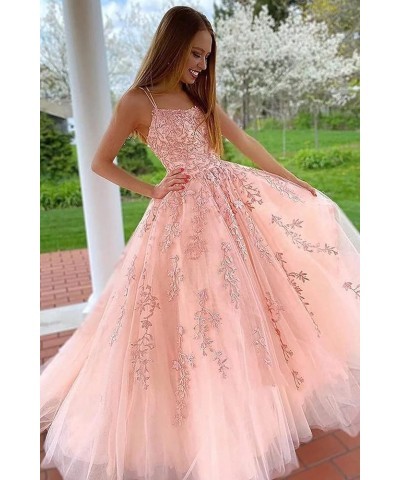 Lace Tulle Prom Dresses Long for Women Spaghetti Straps Ball Gowns A-Line Formal Party Evening Gowns with Train Sky Blue $48....