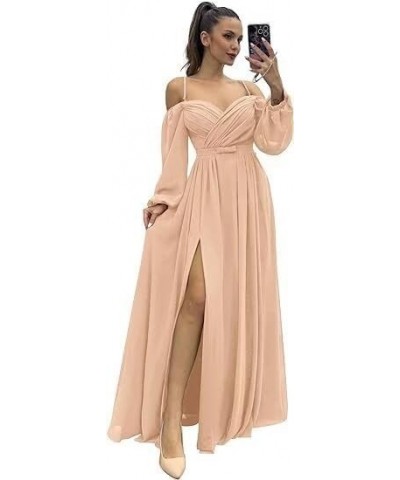 A Line Off Shoulder Bridesmaid Dresses with Long Sleeves Side Slit Chiffon Women's Formal Dress with Pockets Peach $18.00 Dre...